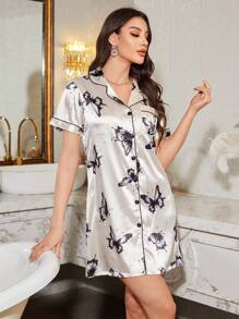 LuxeNights 女士仿丝蝴蝶印花缺口领短袖单排扣睡袍娃娃装奢华家居服 - 杏色 - 查看 9