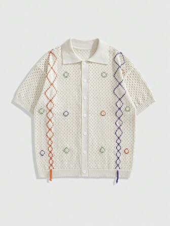 Street Life Men's Vacation Casual Color Block Hollow Out Knitted Sweater, Vacation