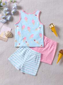3pcs/Set Young Girl Toddler Round Neck Knit Vest With Ice Cream Print & Shorts, Multicolor Combination Innerwear Set For Spring/Summer