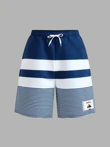SHEIN Teen Boys' Blue Striped Beach Swimming Trunks - Comfortable, Fashionable, Versatile, Soft, Suitable For Daily, Sports, And Beach Vacation - Blue and White - View 3