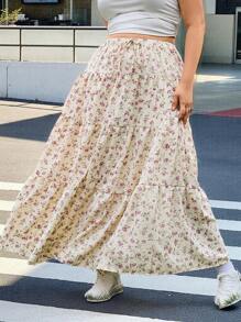 SHEIN EZwear Plus Size Ditsy Floral Long Flared Skirt, Suitable For Spring And Summer Holiday