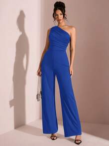 SHEIN BAE 夏日海滩度假优雅纯黑色不对称领露肩单肩连体裤，适合日常约会、夜间外出、夜总会、派对、聚会、鸡尾酒会、泳池派对、办公室穿着、通勤连体裤、度假连体裤 - 寶藍色 - 查看 4