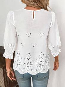 SHEIN Clasi Camisas casuales de mujer de unicolor con cuello redondo, manga media y bordado, aptas para Pascua, estilo bohemio, conciertos, Día de San Patricio, festivales rave, descanso de primavera, verano, playa, conciertos de country, vacaciones casuales, mujeres de estilo country