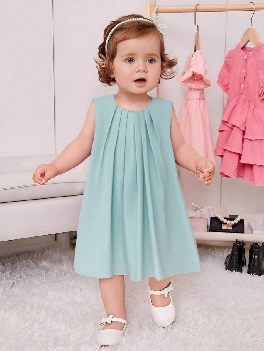 SHEIN Robe décontractée pour bébé fille de 0 à 3 ans, à volants floraux, sans manches, coupe ample, bleu ciel - Bleu azur - Voir 1
