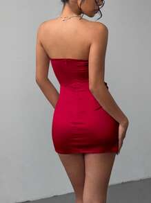 Aloruh 女士派对/约会之夜性感 V 领褶皱胸围迷你紧身连衣裙，粉色，秋冬 - 紅色 - 查看 2