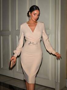 RueChic Women's Rhinestone Letter Overlap V-Neck Long Sleeve Fitted Elegant Mid-Length Dress - Beige - View 1