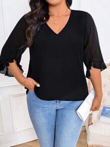 SHEIN LUNE 大码女式 V 领 3/4 袖不对称下摆和背部透明设计衬衫，优雅的日常通勤穿着