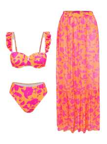 Swim Oasis 3pcs/Set Bikini Wanita Motif Bunga Pink dan Oranye dengan Tali Ruffle dan Rok Maxi Jala, Cocok untuk Liburan Pantai Kasual Musim Panas - MultiWarna - View 3