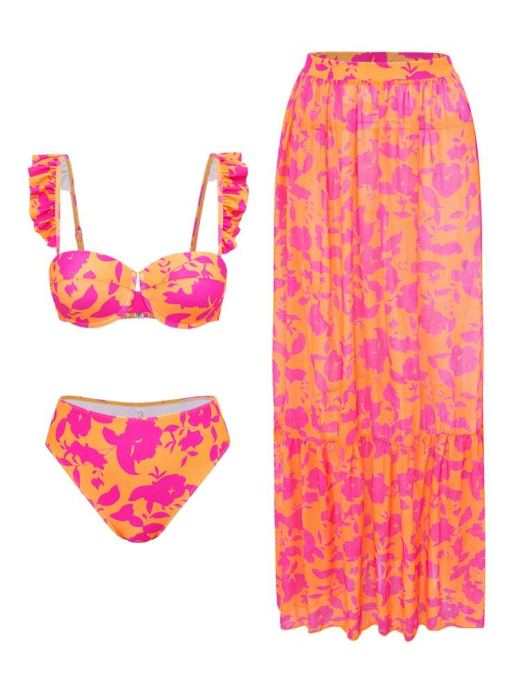 Swim Oasis 3件組女款粉橘花卉印花聚攏胸部荷葉邊肩帶比基尼套裝，附網紗罩衫長裙，夏季休閒海灘度假風 - 彩色 - 查看 2