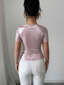 SHEIN Unity Women Off Shoulder Elastic Waist Gold Foil Short Sleeve Light-Colored T-Shirt - Pink - View 2