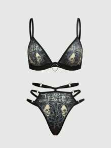 ROMWE Gothic Skeleton Cage Bra & Panty Set - Black - View 1