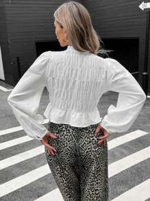 SHEIN Essnce Casual Women's Solid Color Ruffle Bell Sleeve Pleated Single Breasted Blouse