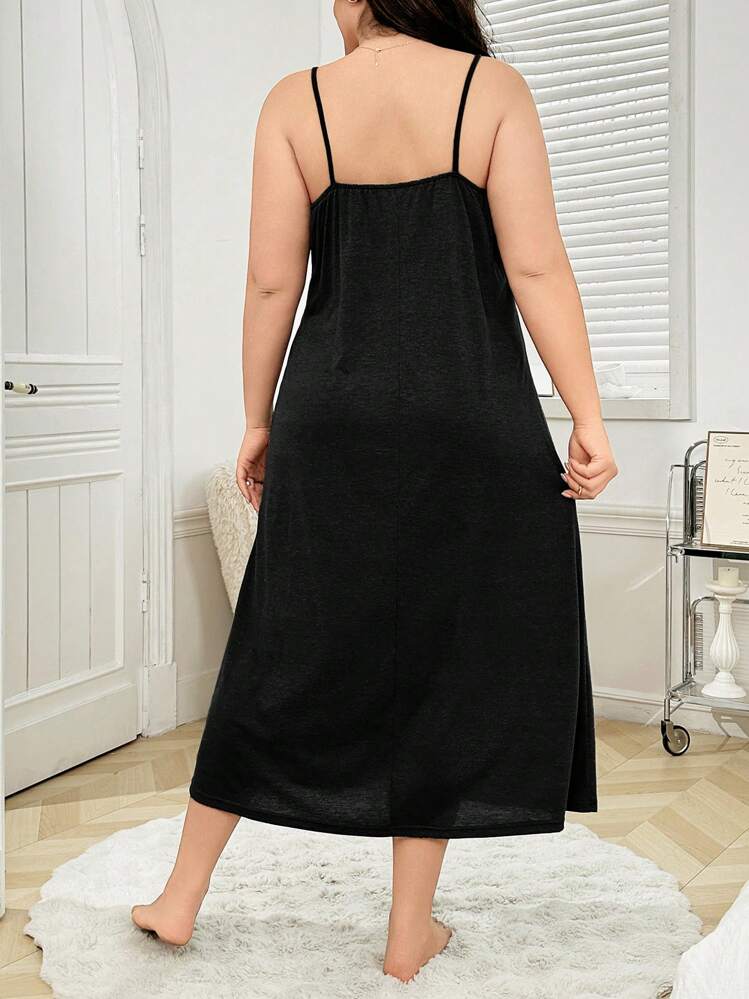 SHEIN Soft Lace Trim Bow Accent Plus Size Comfortable Knit Nightgown, Moo Moo Sleep Dress - Black - View 2