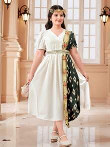 Váy Abaya Kaftan cho bé gái tuổi teen cỡ lớn, Ramadan Ramadan, váy cổ khăn choàng in họa tiết bảo thủ địa phương có thắt lưng vàng - Nhiều màu - Xem 1