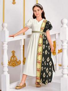 Váy Abaya Kaftan cho bé gái tuổi teen cỡ lớn, Ramadan Ramadan, váy cổ khăn choàng in họa tiết bảo thủ địa phương có thắt lưng vàng - Nhiều màu - Xem 4