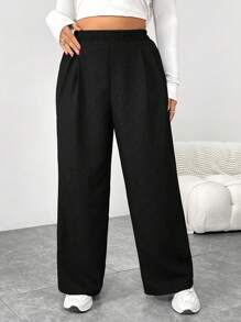 SHEIN Essnce Plus Size Women's Spring And Summer Fashion Casual Loose Daily Comfortable Retro Black Elastic Waist Wide Leg Pants,Women Bottom,Work Pants,Fall,Old Money,Vintage Pants