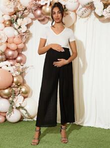 Loomaby Maternity Solid Color Adjustable Waist Wide Leg Loose Casual Pants - Black - View 6
