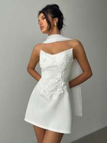 Aloruh Women Floral Embroidery Decor Tube Top Mini Dress