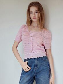 MOTF STUDIO BUTTON UP HOLLOW OUT SWEATER - Pink - View 3