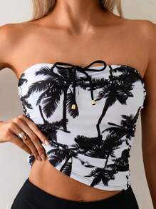 Swim Lushoire Springbreak 2025 New Women 2pcs Set Random Palm Tree Print Tube Top & Black Swimwear Shorts, Beach Vacation Casual Summer Ladies Tankini Swimwear Set