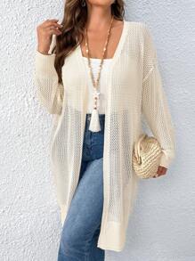 SHEIN LUNE Cardigan long, ample et léger à manches longues et à épaules tombantes de couleur unie pour grande taille