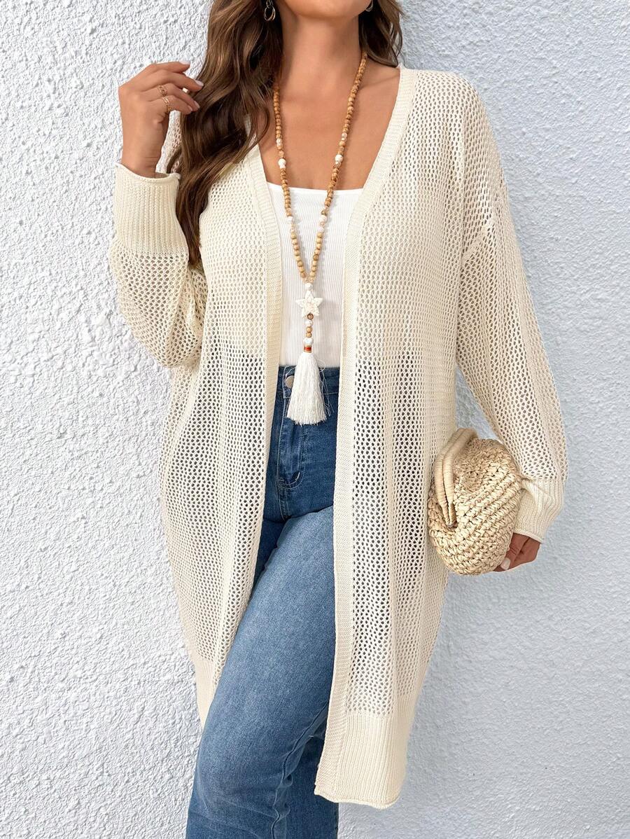 SHEIN LUNE Cardigan long, ample et léger à manches longues et à épaules tombantes de couleur unie pour grande taille