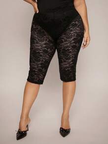 SHEIN BAE Plus Size Women's Black Lace Semi-Sheer Cami Shorts, Elegant & Sexy, Suitable For Dailywear, Vacation - Black - View 3