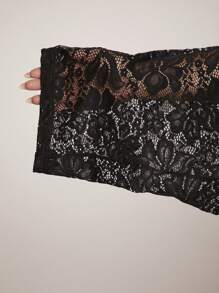 SHEIN BAE Plus Size Women's Black Lace Semi-Sheer Cami Shorts, Elegant & Sexy, Suitable For Dailywear, Vacation - Black - View 7