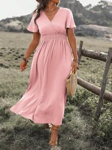 EMERY ROSE Plus Size Women's Waist Wrap & Ruffle Sleeved Dress, For Christmas Maxi Women Outfit - Pink - View 5