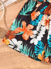 2pcs Tween Girls Orange Off Shoulder Cropped Cami Top & Colorful Tropical Leaf Printed Matching Set, Spring/Summer Holiday