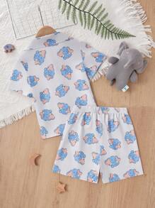 2 pièces/Set Haut à manches courtes et shorts gris imprimé éléphant pour jeune fille, tenue de maison décontractée et mignonne - Gris - Voir 2