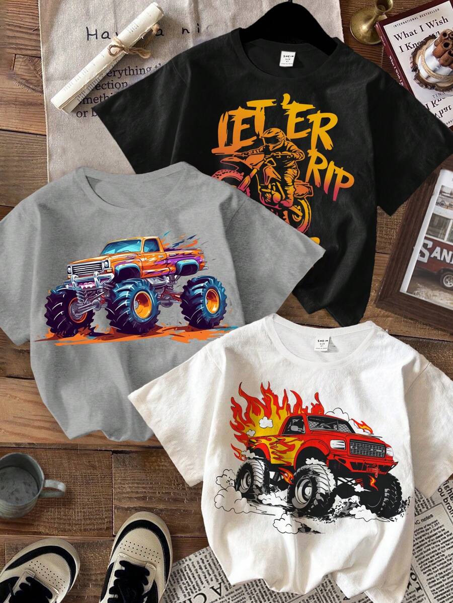 SHEIN 3件套怪兽卡车图案休闲T恤，适合年轻男孩，夏季款 - 彩色 - 查看 1