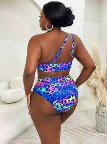 Slaydiva Traje de baño de talla grande para mujer con estampado de leopardo y cordón en un solo hombro, ropa de resort informal