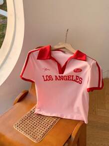 Comfortcana Camiseta ajustada con cuello polo de estilo retro y bloque de colores para mujeres - Rosa - Ver 5
