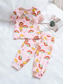 CoComelon X SHEIN 女婴 2 件套可爱甜美彩虹图案 T 恤和裤子家居服睡衣套装，春夏 - 粉色 - 查看 2