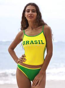 Swim SPRTY 2pcs/Set Women Contrast Trim Cami Strap Tankini Set, Summer Vacation Beach Swimming Sportswear, Festival Boho - Multicolor - View 6