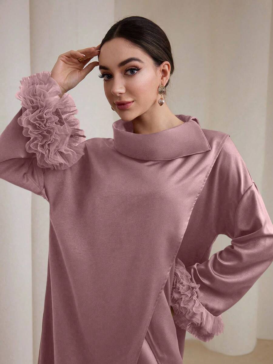 Graceveil 女士纯色喇叭袖网眼拼布上衣和裤子阿拉伯风格套装朴素 - 粉色 - 查看 1