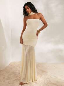 Opulessa 夏季海滩 Fairycore 婚礼女士纯色针织网眼露肩修身美人鱼礼服，白色毕业礼服 - 杏色 - 查看 4