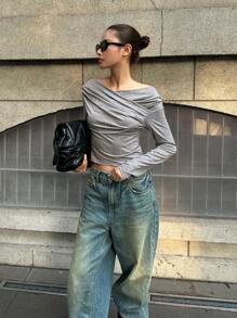 Ontre 2025 New Women's Long Sleeve Solid Grey Crossover Off Shoulder Pleated Fitted Top, Spring/Summer Holiday Clothing, Valentine's Day