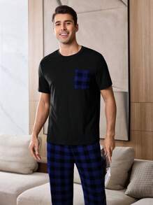 Contrast Plaid Print Patch Pocket Short Sleeve & Long Pants Men Pajama Set - Blue - View 3