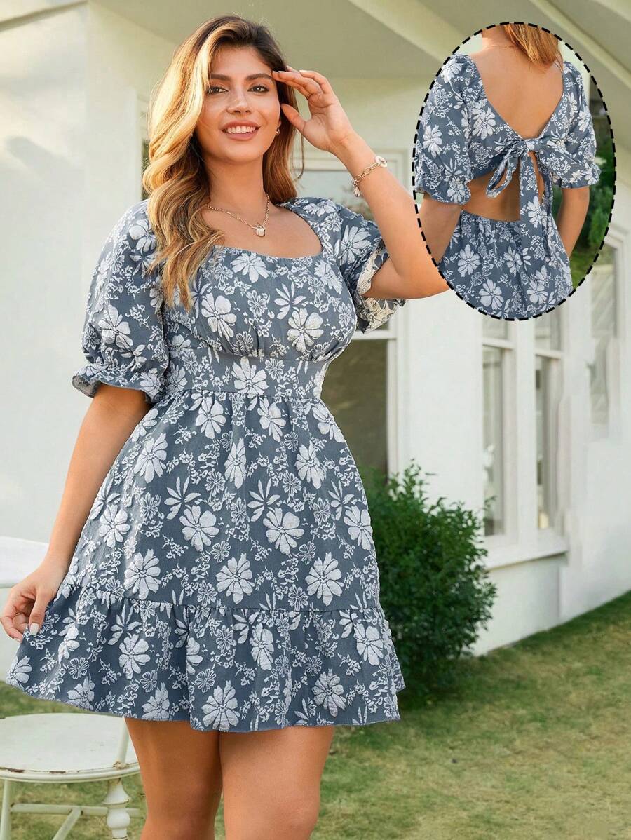 KURAYIA Plus Size Elegant Short Sleeve Blue Jacquard Fabric Back Tie A-Line Dress For Women