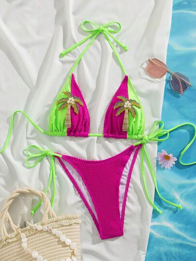 Swim EVENT Springbreak 2 件纯色纹理面料拼接串珠椰子树装饰度假风格比基尼套装