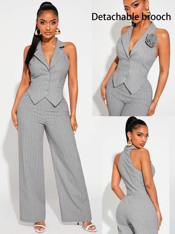 SHEIN SXY Set costum 2 buc în dungi gri din in: broșă florală 3D detașabilă, realizată manual, blazer sexy cu decolteu în V și pantaloni de costum cu picioare largi, pentru muncă, ocazii formale, petreceri, ținute zilnice, primăvară/vară