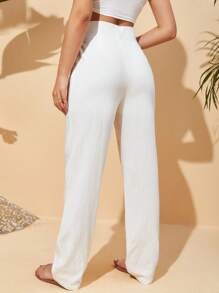 SHEIN VCAY Drawstring Waist Straight Leg Trousers - White - View 2