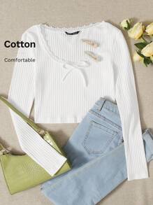 SHEIN EZwear Top de estilo corto de punto acanalado con ribete de encaje, lazo delantero, para salir en verano en estilo ballet, color blanco - Blanco - Ver 7