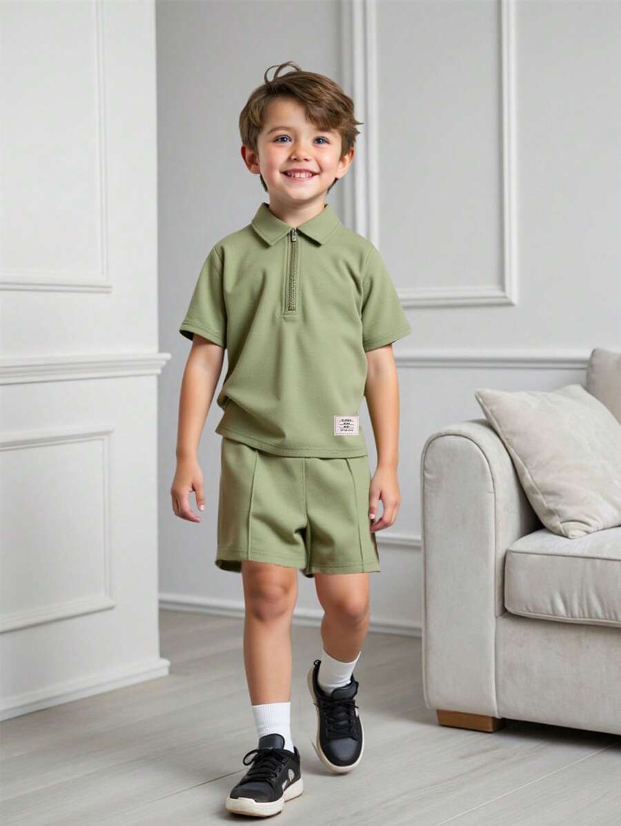 SHEIN 2pcs Young BoyCasual Polo Shirt & Shorts Set, Getaway, Holiday, Travel, Relax, Sunbathing, Summer