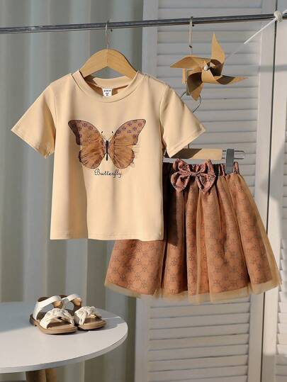 SHEIN Butterfly Net Mesh Short Sleeve Top + Butterfly Print Mesh A-Line Mini Skirt 2pcs Outfit Set For Young Girls