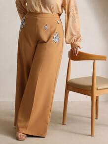 Anewsta 大码优雅时尚串珠水晶缀饰阔腿西装裤，适合新年、情人节度假 - 駝色 - 查看 4