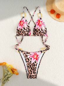 Costume da bagno intero con schiena scoperta, collo alla halter e stampa leopardata, adatto per vacanze al mare in estate