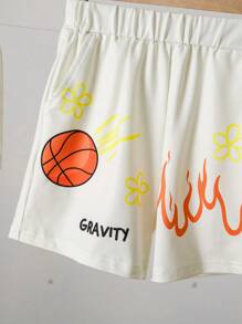 SHEIN مجموعة تي شيرت بأكمام قصيرة وشورت كاجوال بطبعة شعار للأولاد، مناسبة للصيف 2 قطعة/طقم - لون مشمشي - مشاهدة 4